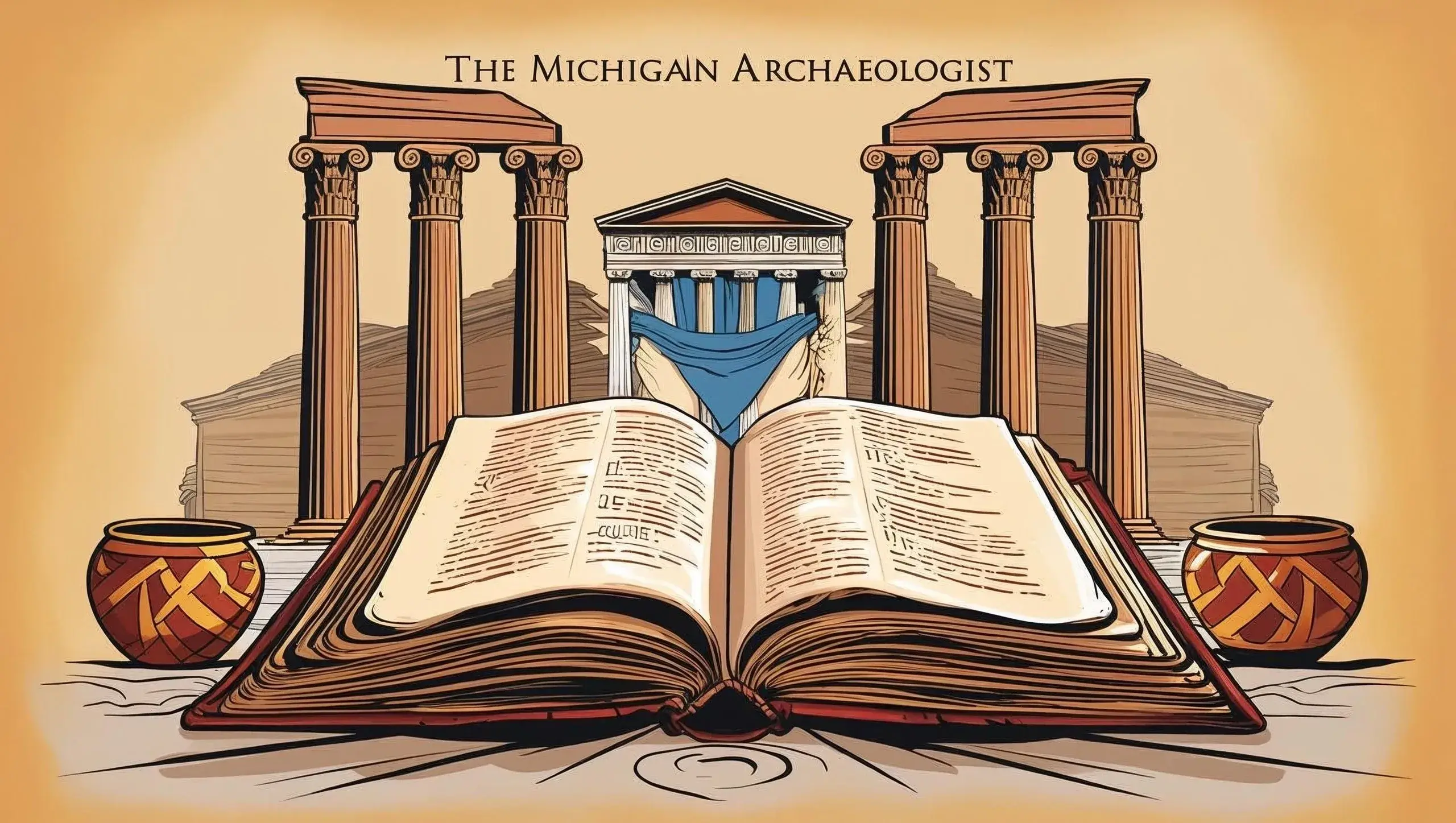 Open book with ancient ruins illustration